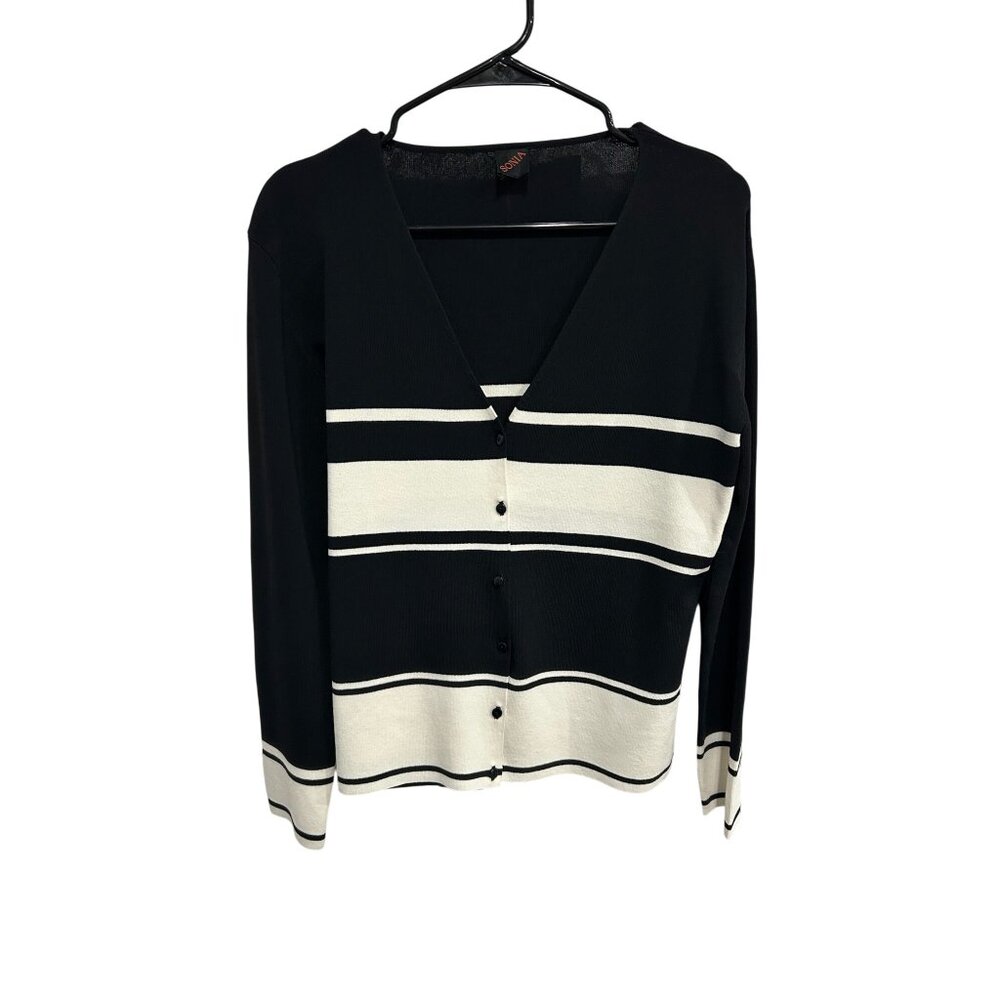 Sonia Elegant Black White Striped Button Front V-Neck Cardigan Coastal Chic